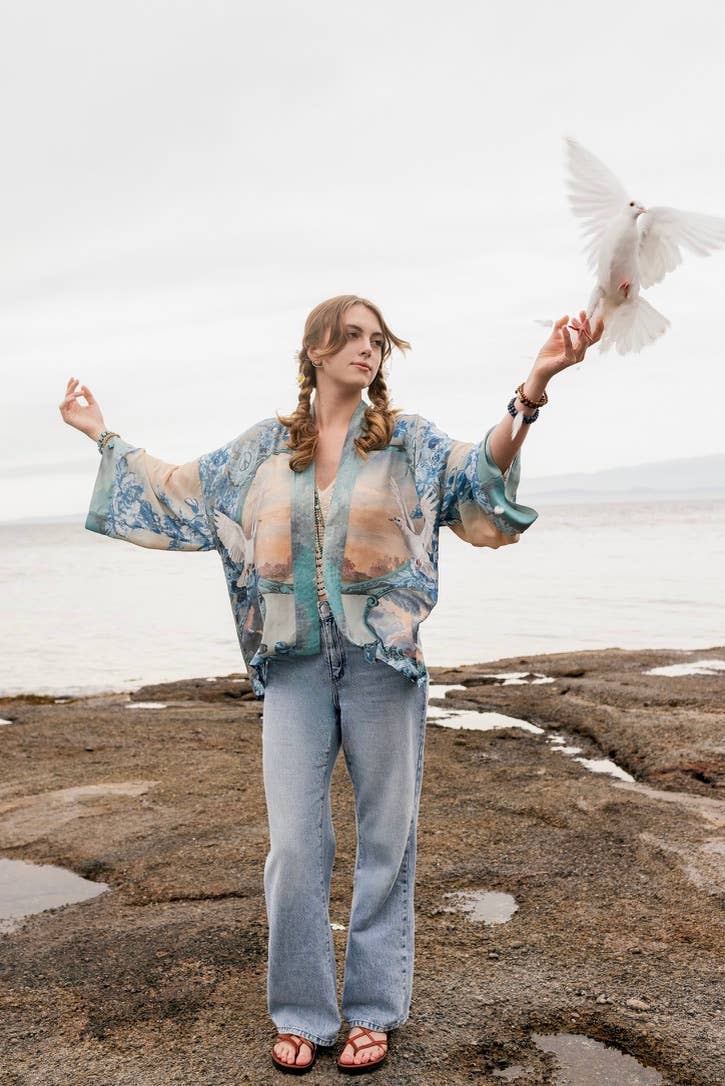 Peace Out Cropped Kimono Pixie Duster with Doves and Sunrise - Out of the Blue