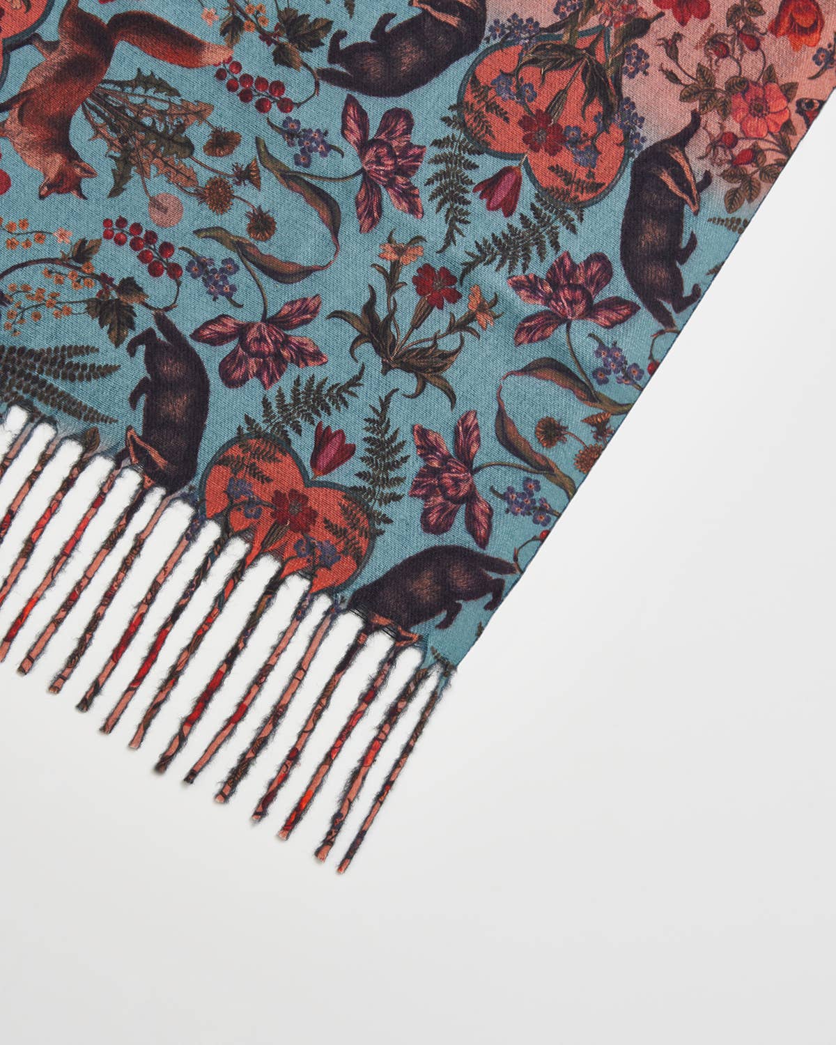 Folksy Fox Teal Scarf with Tassels - Out of the Blue