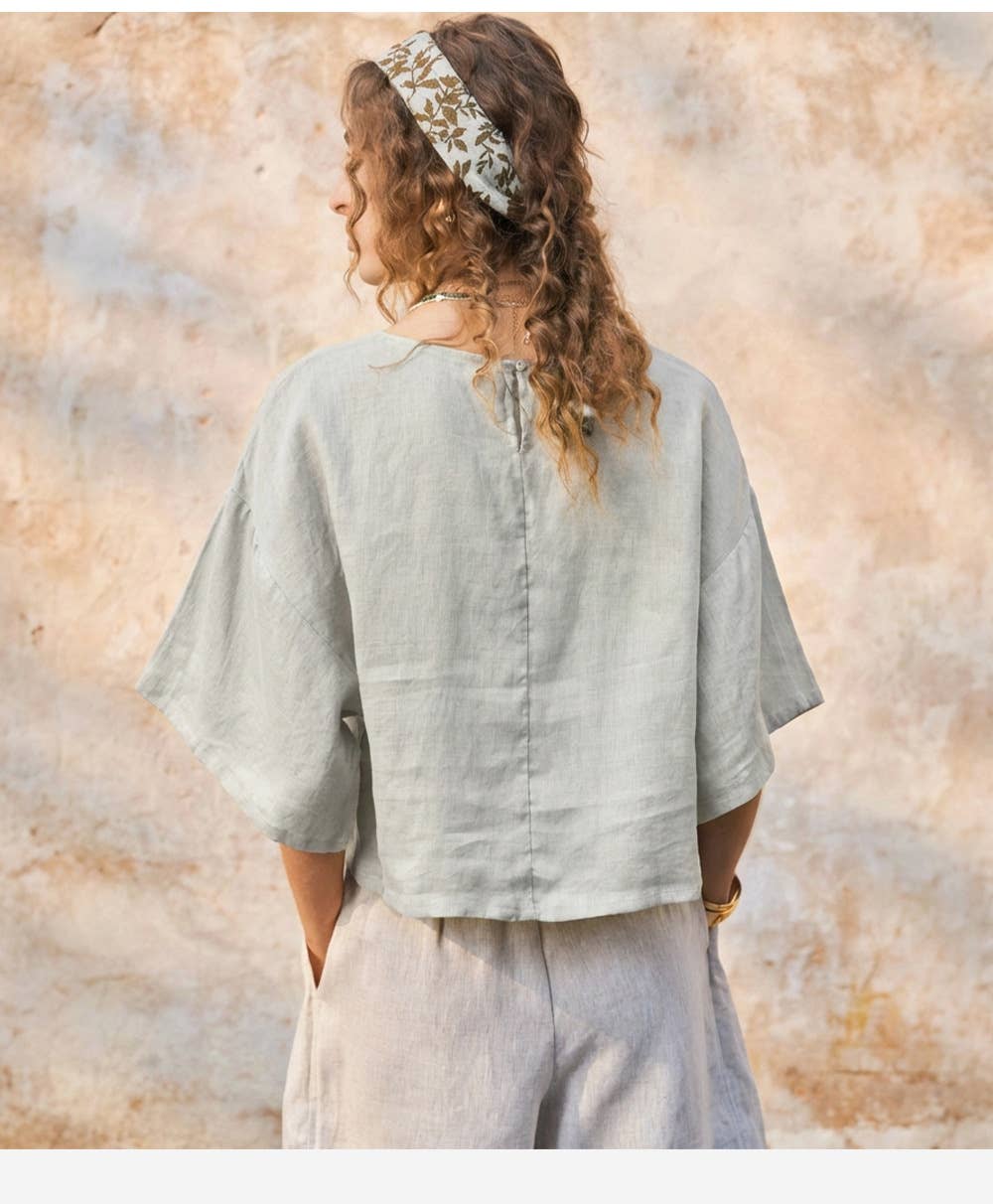 100% Linen Bell Sleeve Top - Out of the Blue