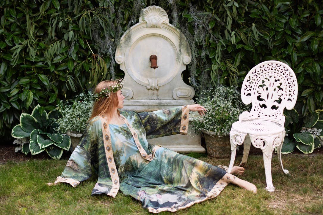 The Mythmaker Bohéme Maxi Slip Dress w/ Landscape & Unicorn - Out of the Blue