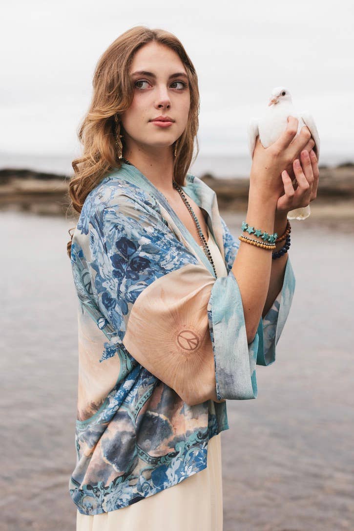 Peace Out Cropped Kimono Pixie Duster with Doves and Sunrise - Out of the Blue