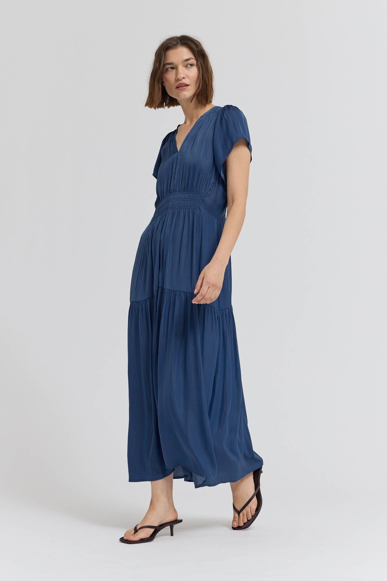 RUFFLE SATIN MIDI DRESS - Out of the Blue