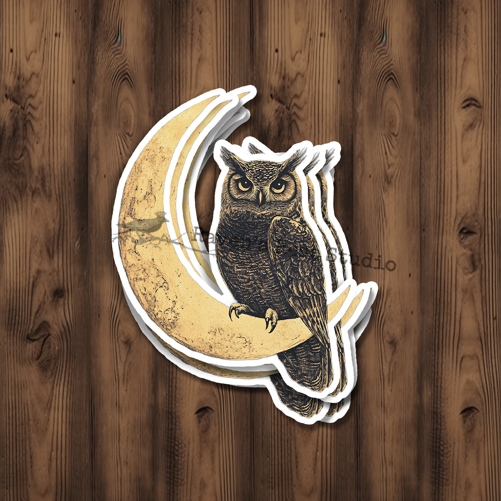 STICKER. Vintage Style Owl Resting on a Crescent Moon.