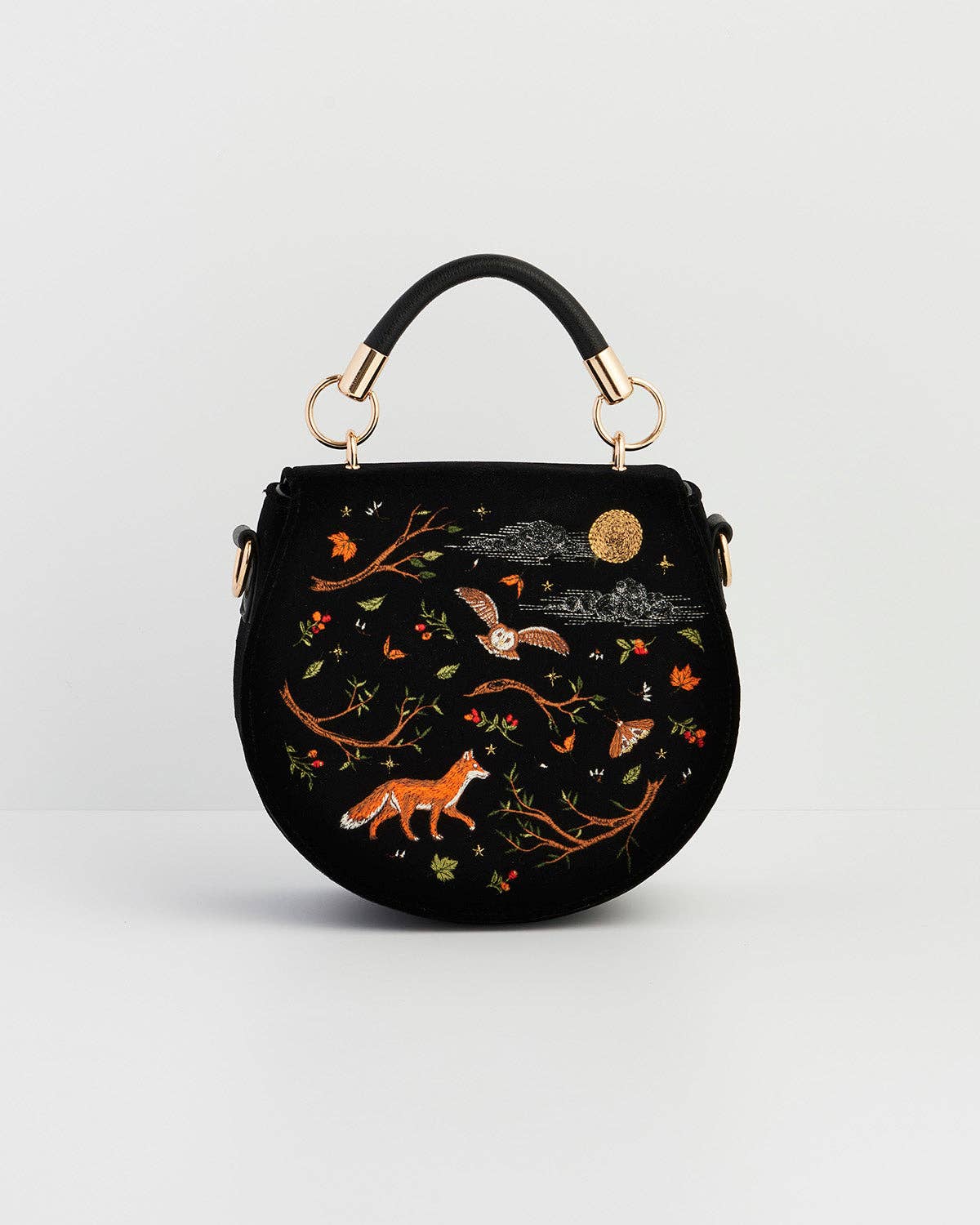 Fox & Owl Embroidered Black Top Handle Saddle Bag - Out of the Blue