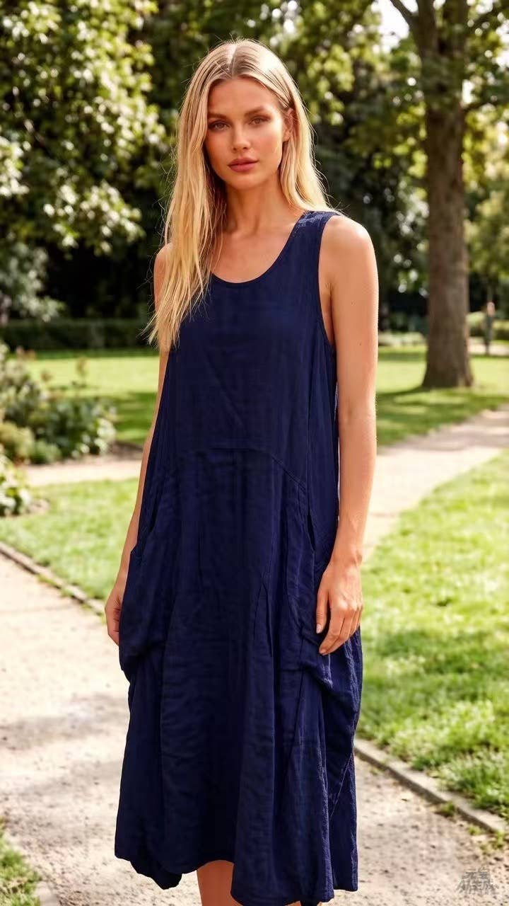 Sleeveless long dress 100% linen REF. 8466 - Out of the Blue