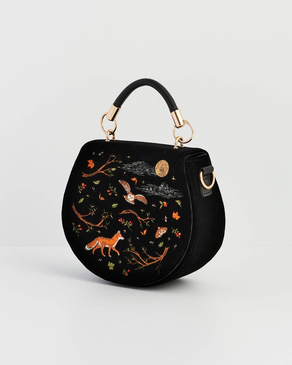 Fox & Owl Embroidered Black Top Handle Saddle Bag - Out of the Blue