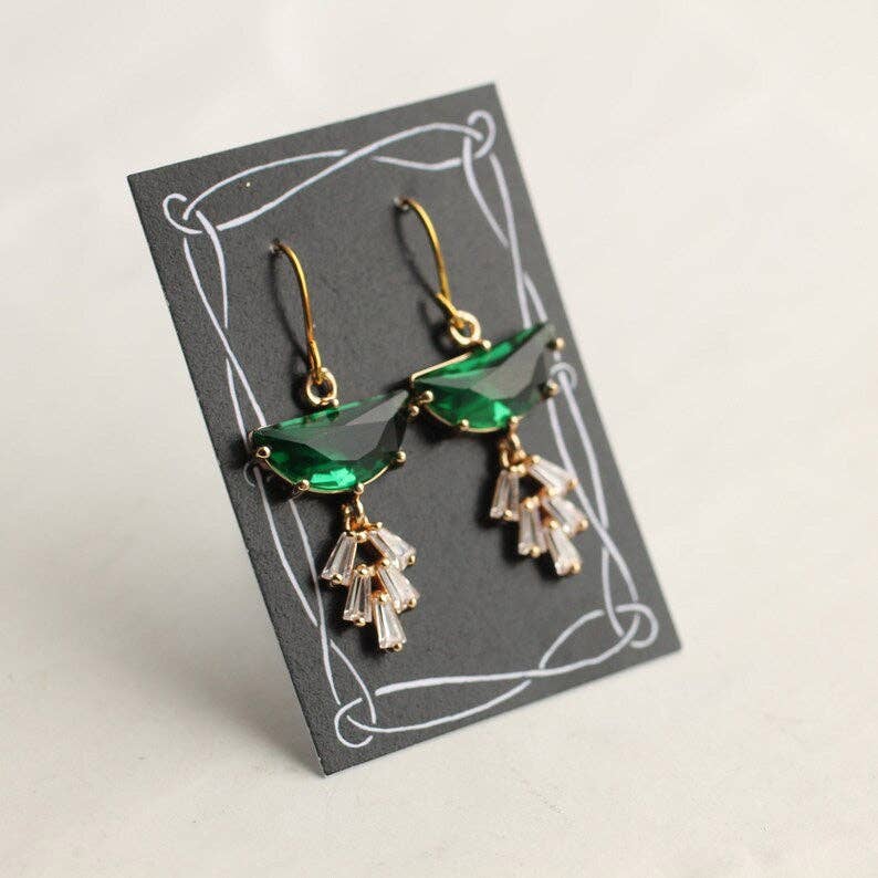 Emerald Deco Crystal Moon Earrings