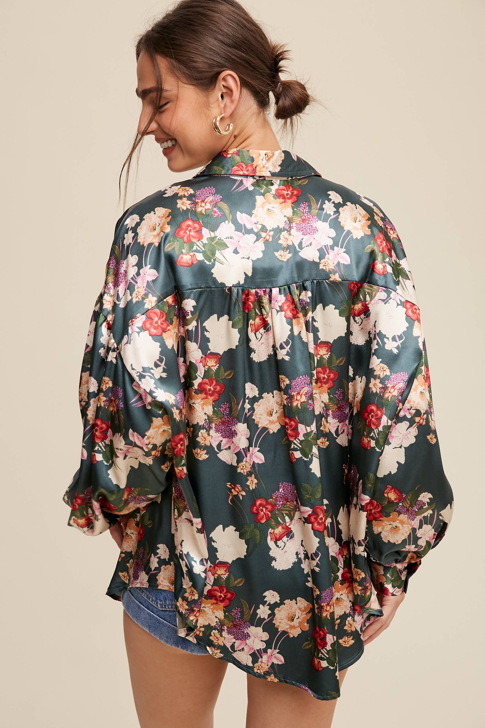 Floral Satin Button-Up Shirt LT1309 - Out of the Blue