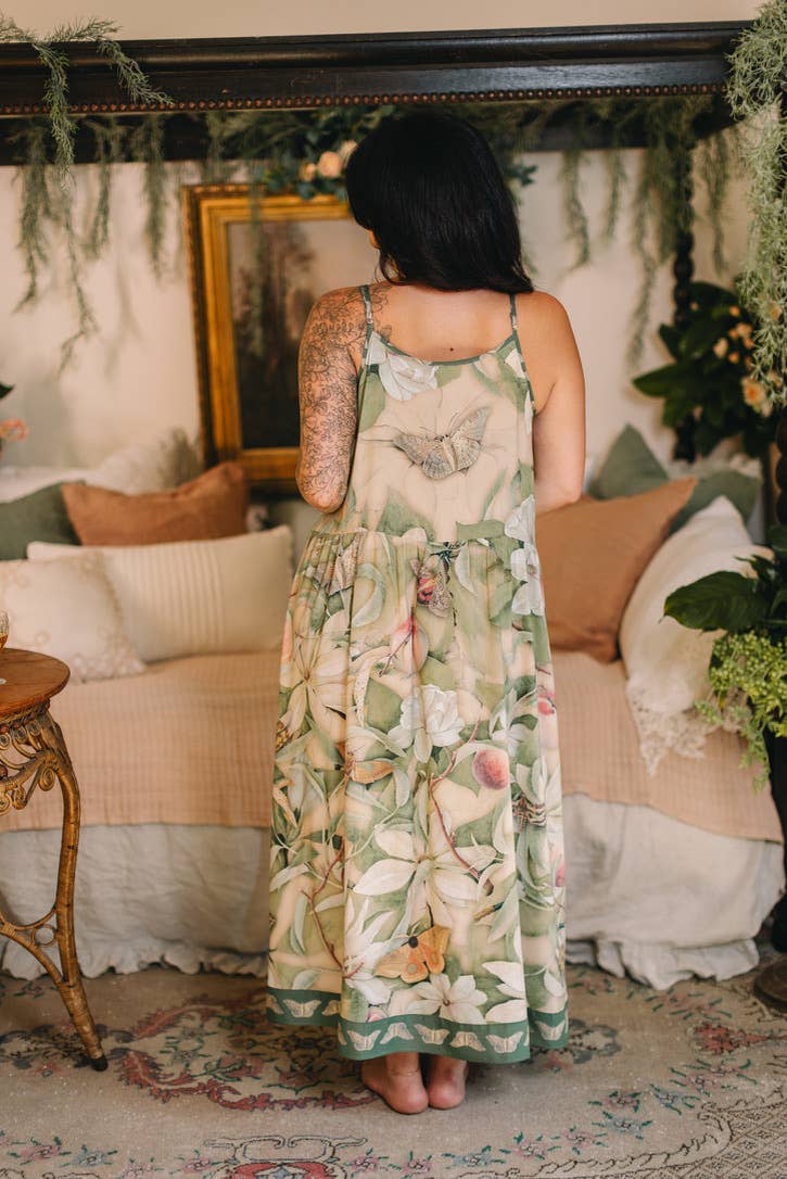 Fleur De Soleil Bohéme Maxi Slip Dress w Florals & Butterfly - Out of the Blue