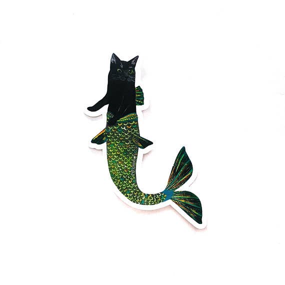 Black Cat Mermaid Sticker - 4" - Out of the Blue