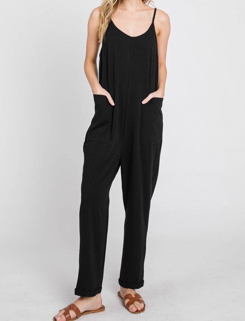 Cotton Blend Jumpsuit Black - Out of the Blue