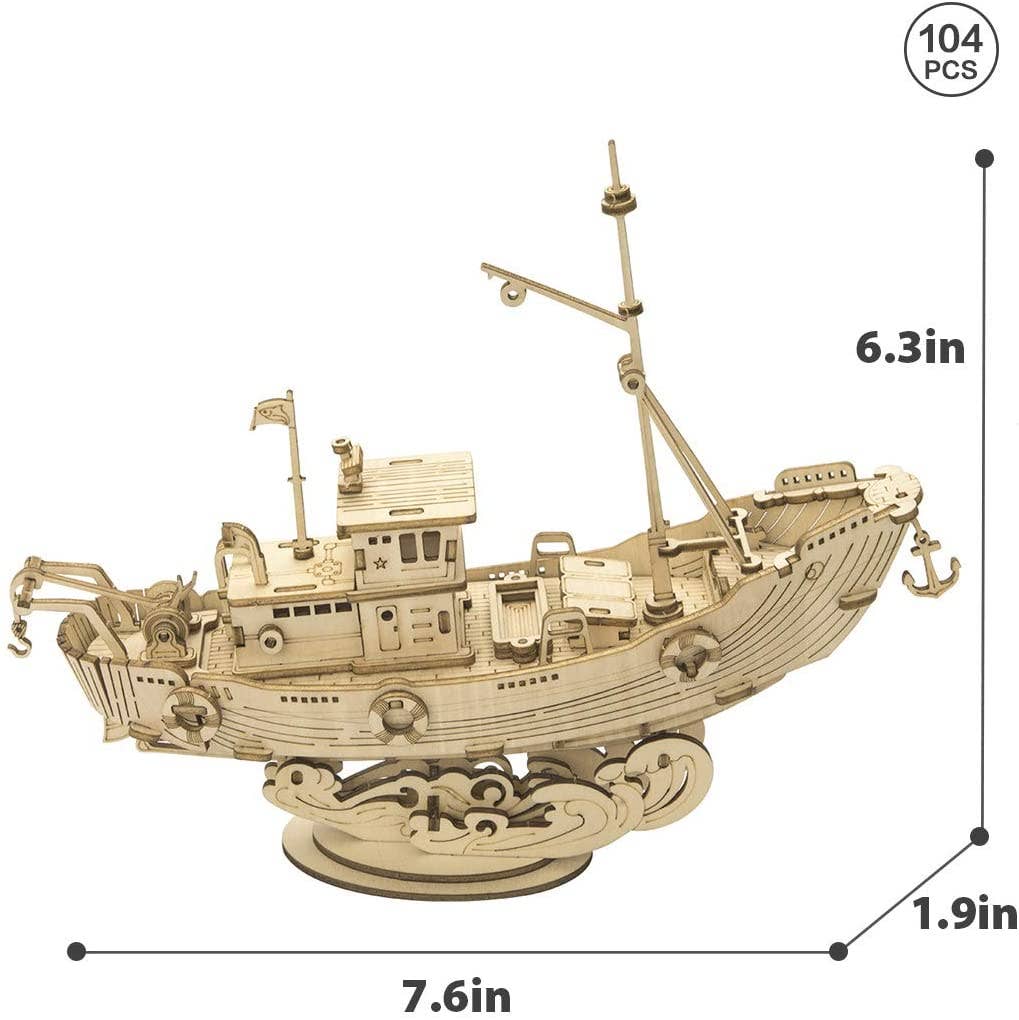 3D Laser Cut Wooden Puzzle: Fishing Ship