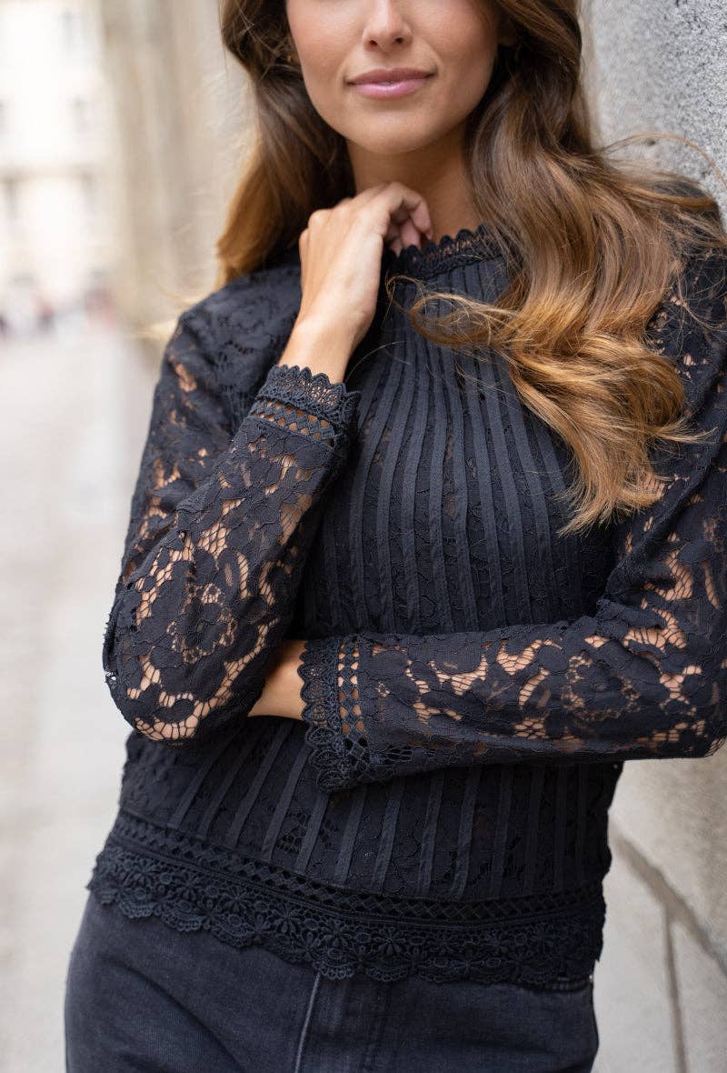Tiffany striped lace blouse with long sleeves - 80971: 1 S - 1 M - 1 L - 1 XL / Black - Out of the Blue