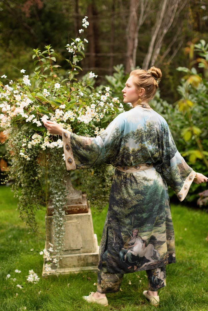 The Mythmaker Opera Duster Kimono Robe w Landscape & Unicorn - Out of the Blue