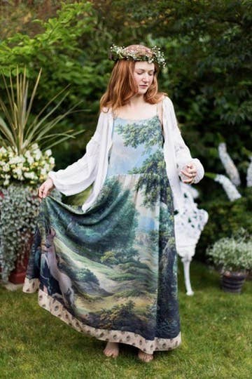 The Mythmaker Bohéme Maxi Slip Dress w/ Landscape & Unicorn - Out of the Blue