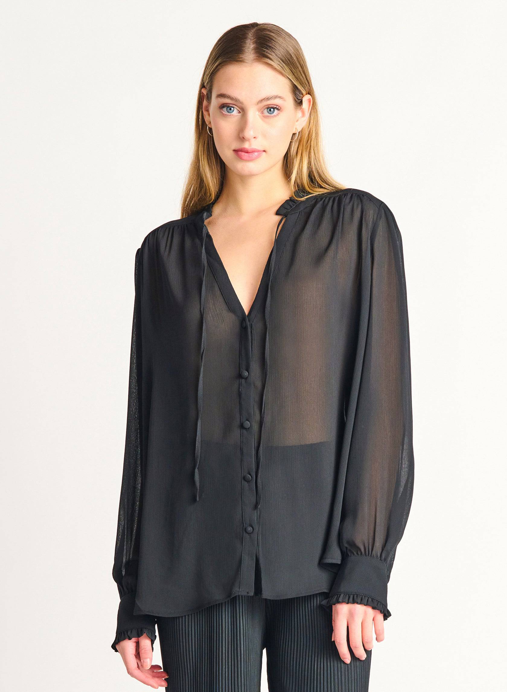 Ruffle Detail Tie-Front Peasant Blouse - Out of the Blue