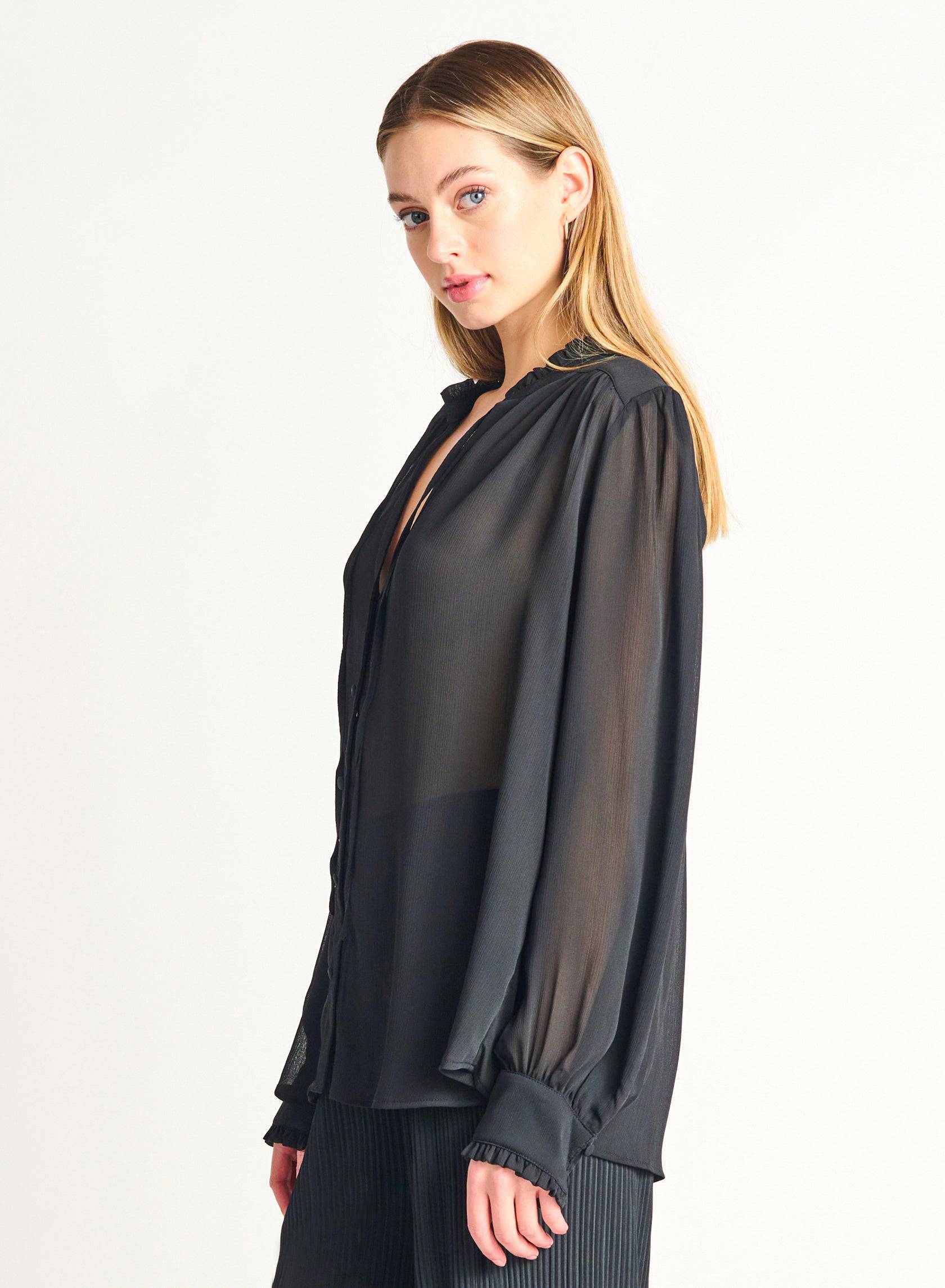 Ruffle Detail Tie-Front Peasant Blouse - Out of the Blue