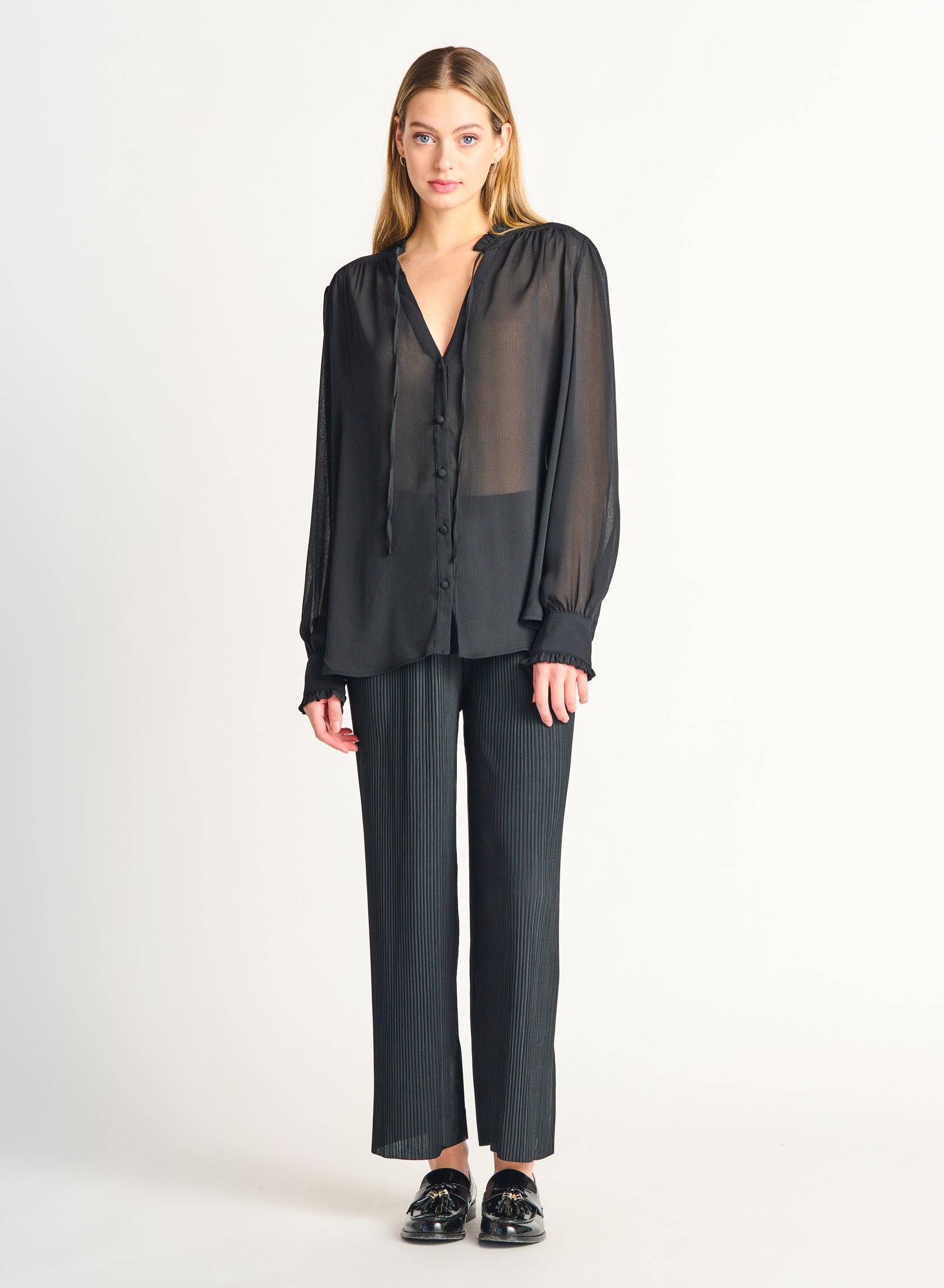 Ruffle Detail Tie-Front Peasant Blouse - Out of the Blue