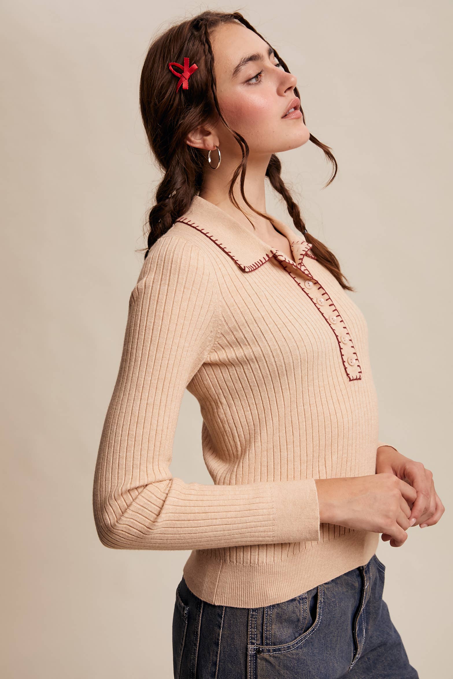 Contrast Stitch Ribbed Knit Top - Out of the Blue