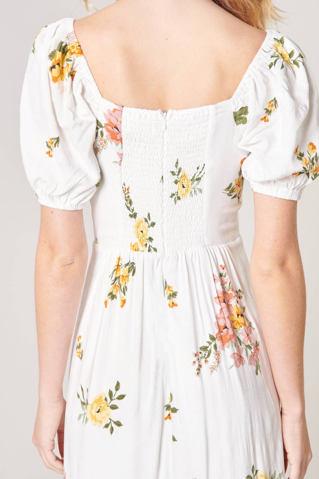 Priya Floral Alessi Puff Sleeve Midi Dress: GREEN-PINK-CORAL / XS - Out of the Blue