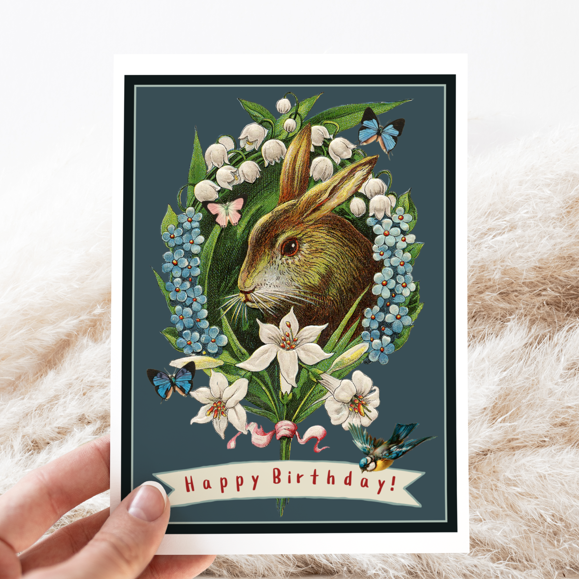 Happy Birthday! Vintage Rabbit Floral Wreath.