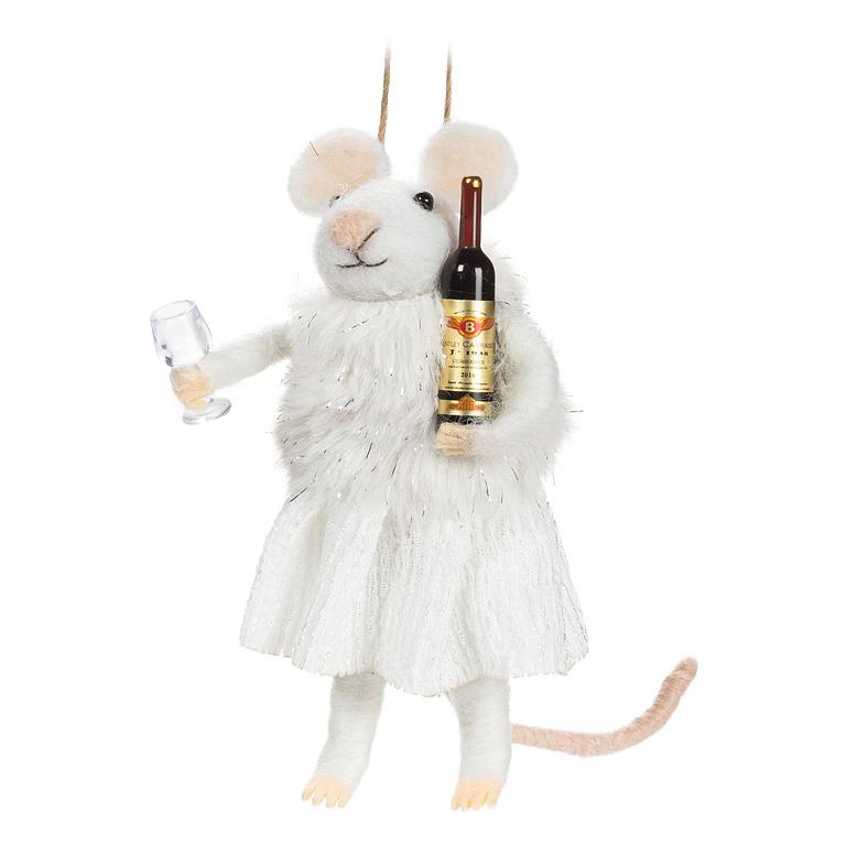 Winter Mouse w/Wine & Glass Orn-4.5"H - Out of the Blue