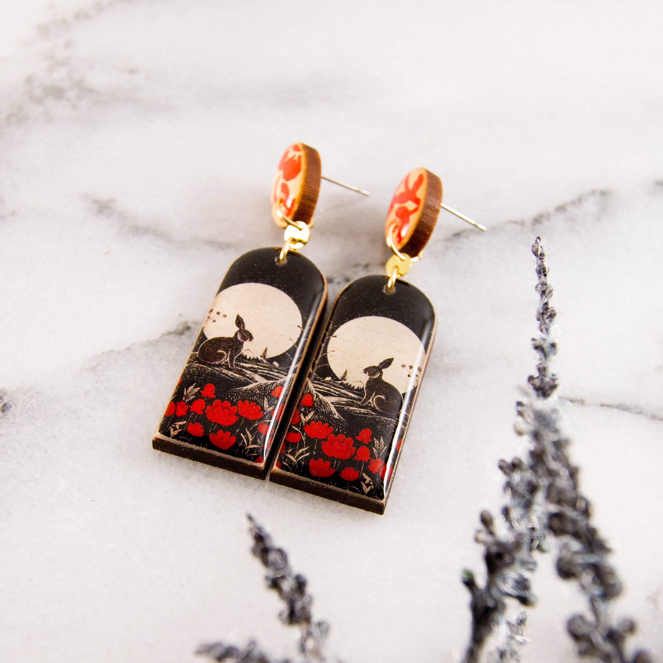Vintage Red + Black Rabbit Drop Post Earrings - Out of the Blue