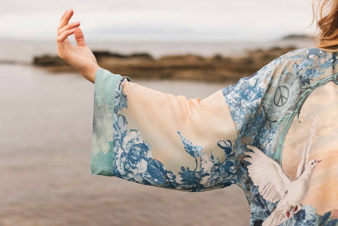 Peace Out Cropped Kimono Pixie Duster with Doves and Sunrise - Out of the Blue