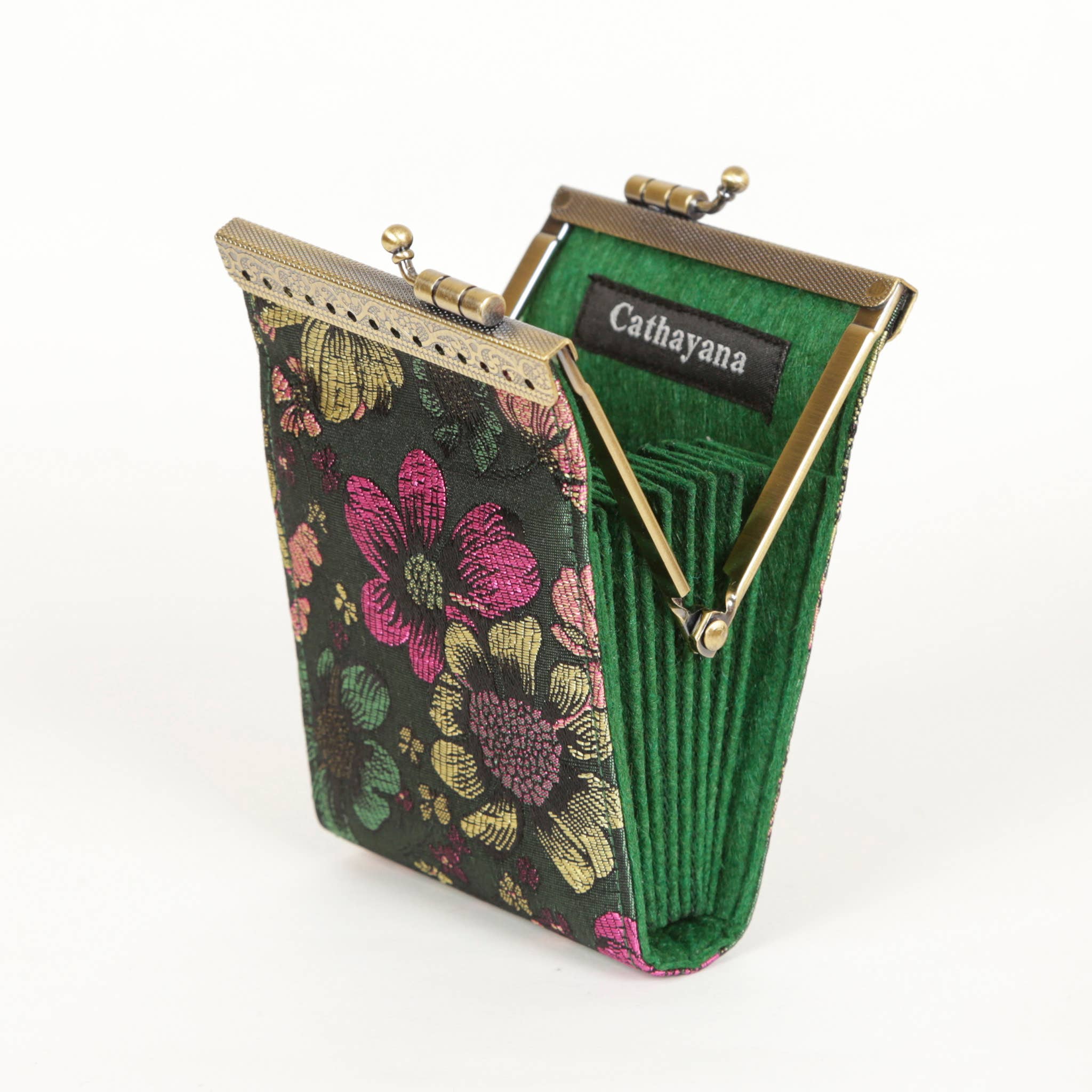 Bamboo Leaves, Brocade Card Holder with RFID Protection: Green & Pink Floral - Out of the Blue