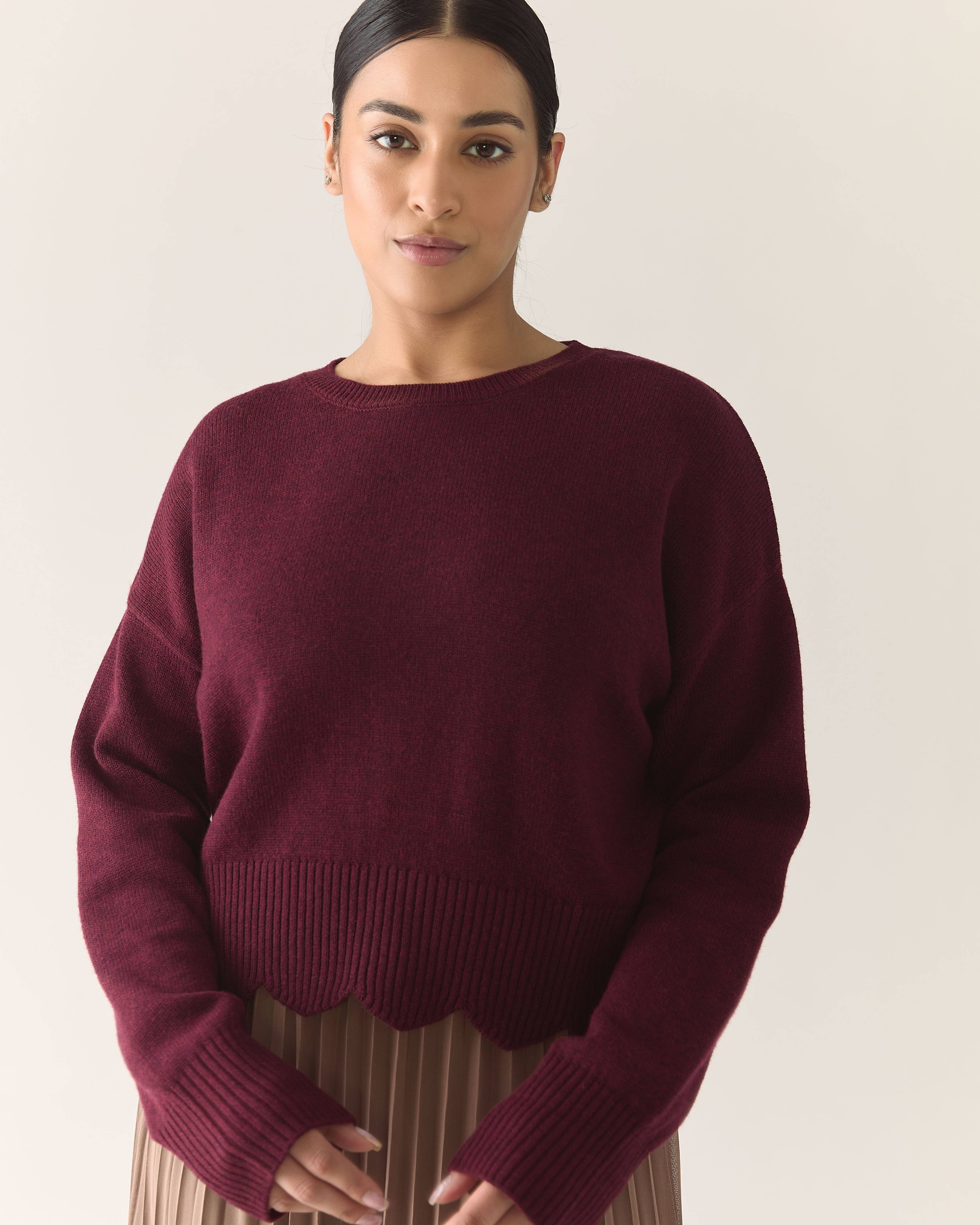 Scalloped Edge Pullover Responsible Merino in Zinfandel - Out of the Blue