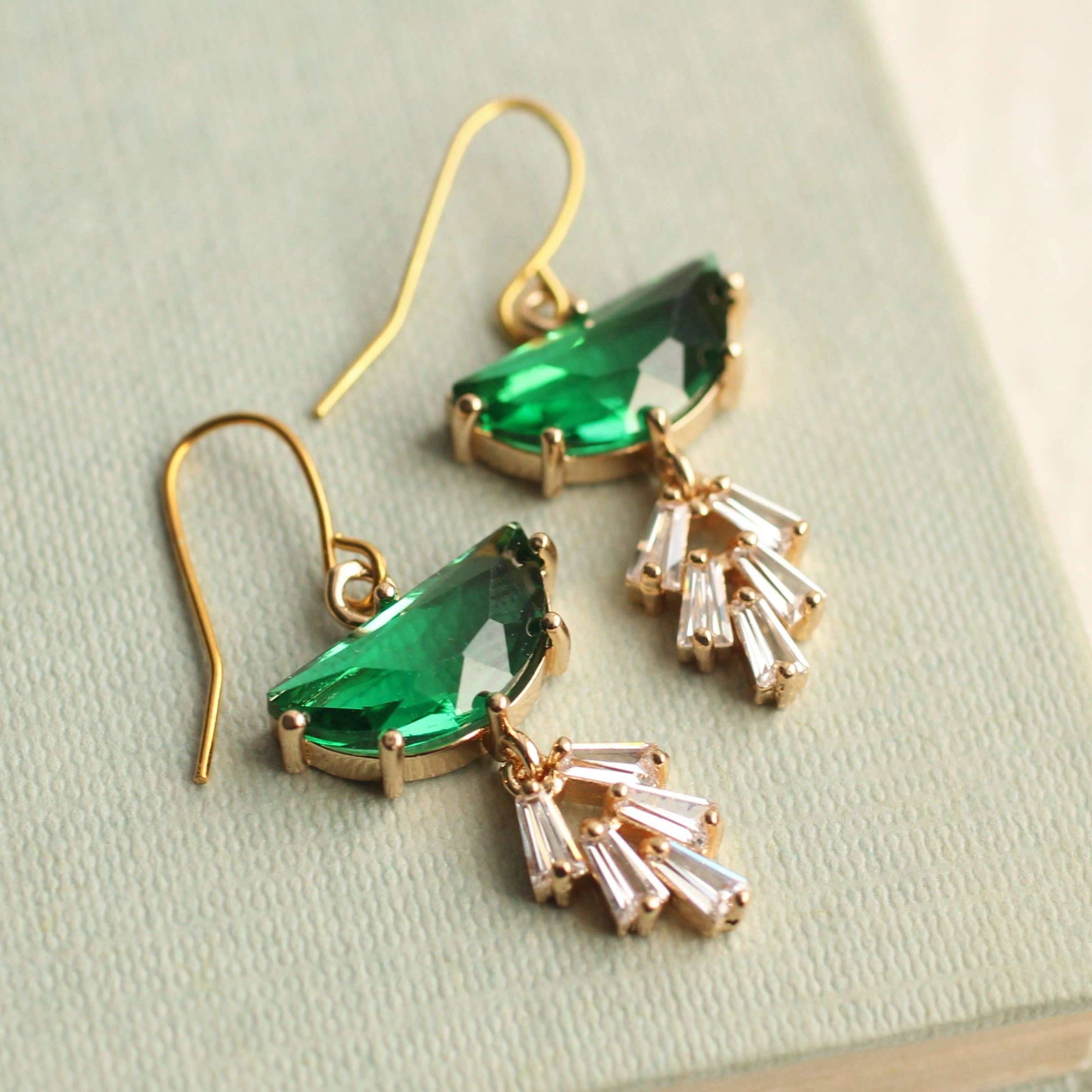 Emerald Deco Crystal Moon Earrings