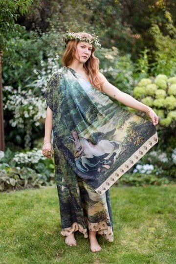 The Mythmaker Bohemian Scarf w/ Landscape & Unicorn Print - Out of the Blue