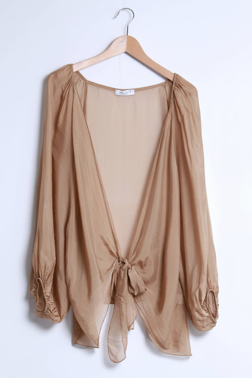 Short flowing silk tie-front jacket 13429 - Out of the Blue