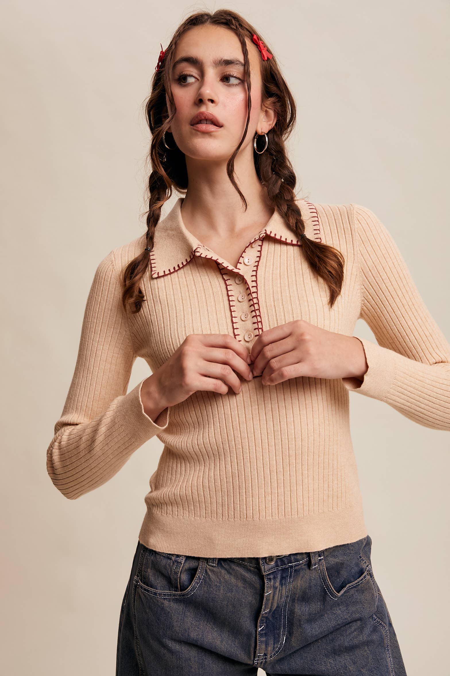 Contrast Stitch Ribbed Knit Top - Out of the Blue