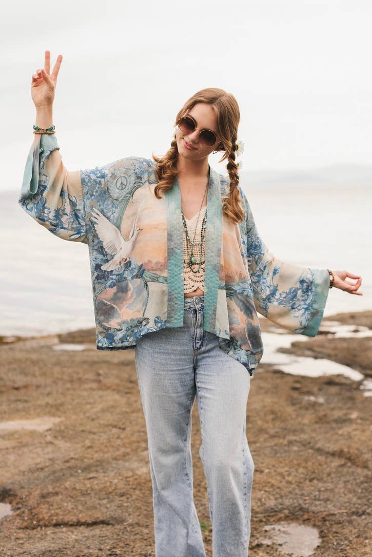Peace Out Cropped Kimono Pixie Duster with Doves and Sunrise - Out of the Blue