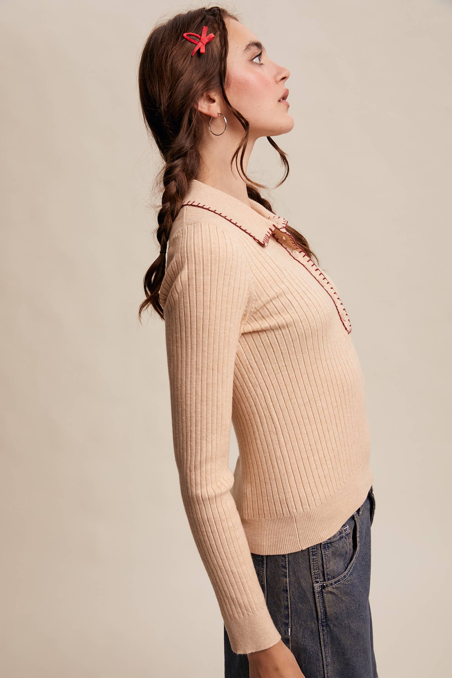 Contrast Stitch Ribbed Knit Top - Out of the Blue