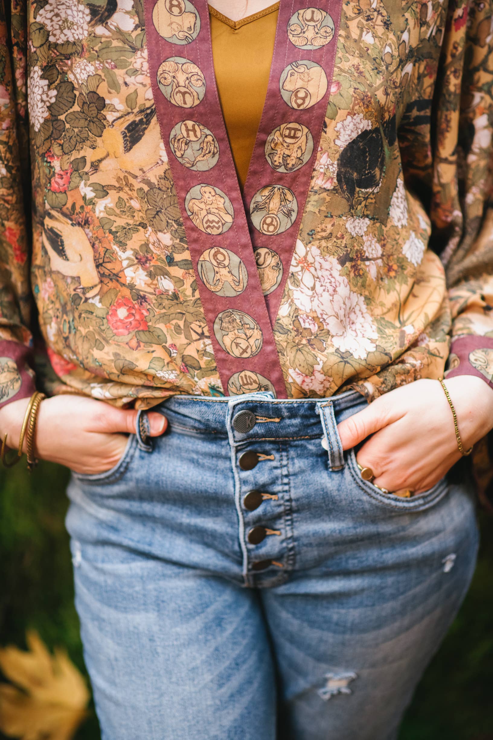 Dreamweaver Cropped Bamboo Kimono Cardigan with Zodiac Signs - Out of the Blue