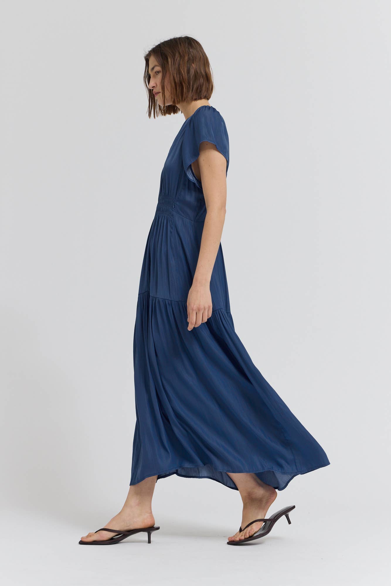 RUFFLE SATIN MIDI DRESS - Out of the Blue