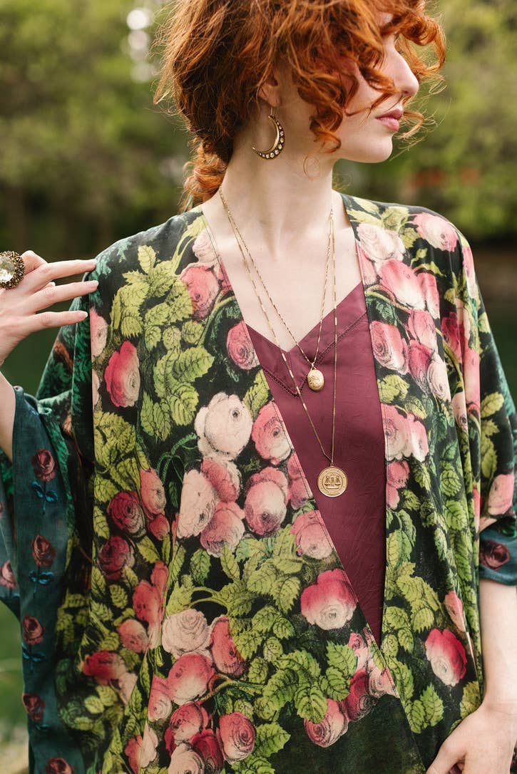 The Daydreamer Goddess Duster Kimono w/ Florals & Rabbits - Out of the Blue