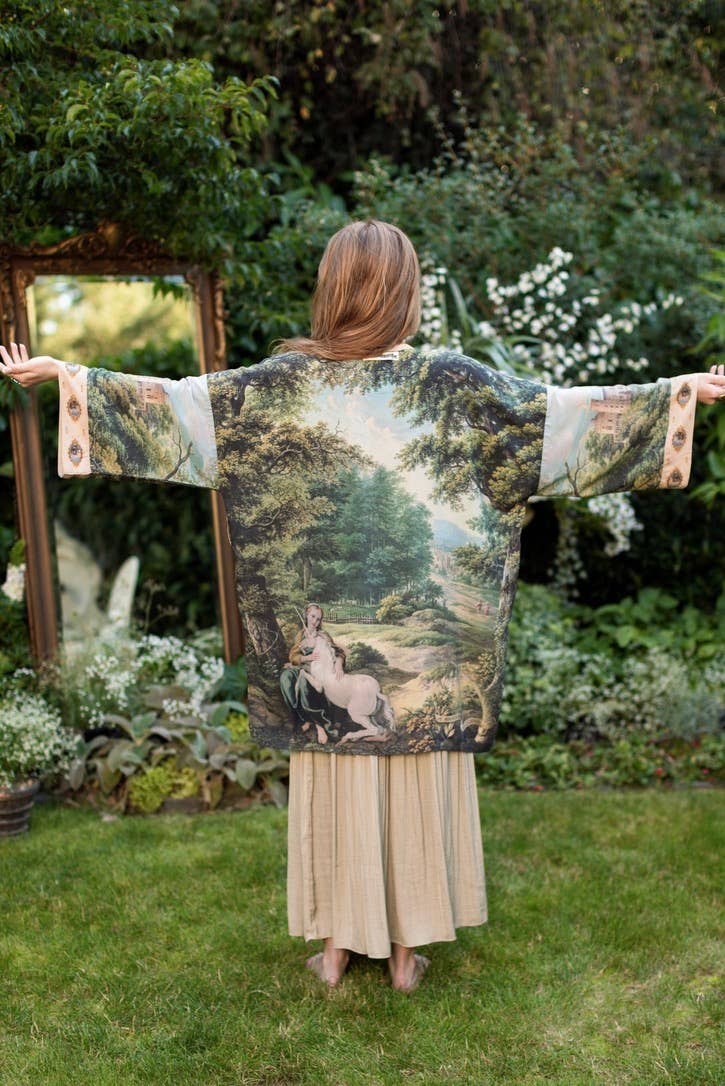 The Mythmaker Matinée Duster Kimono w/ landscape & unicorn - Out of the Blue