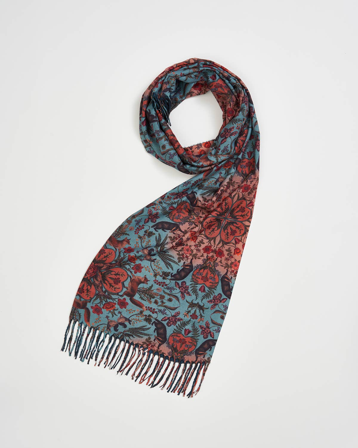 Folksy Fox Teal Scarf with Tassels - Out of the Blue