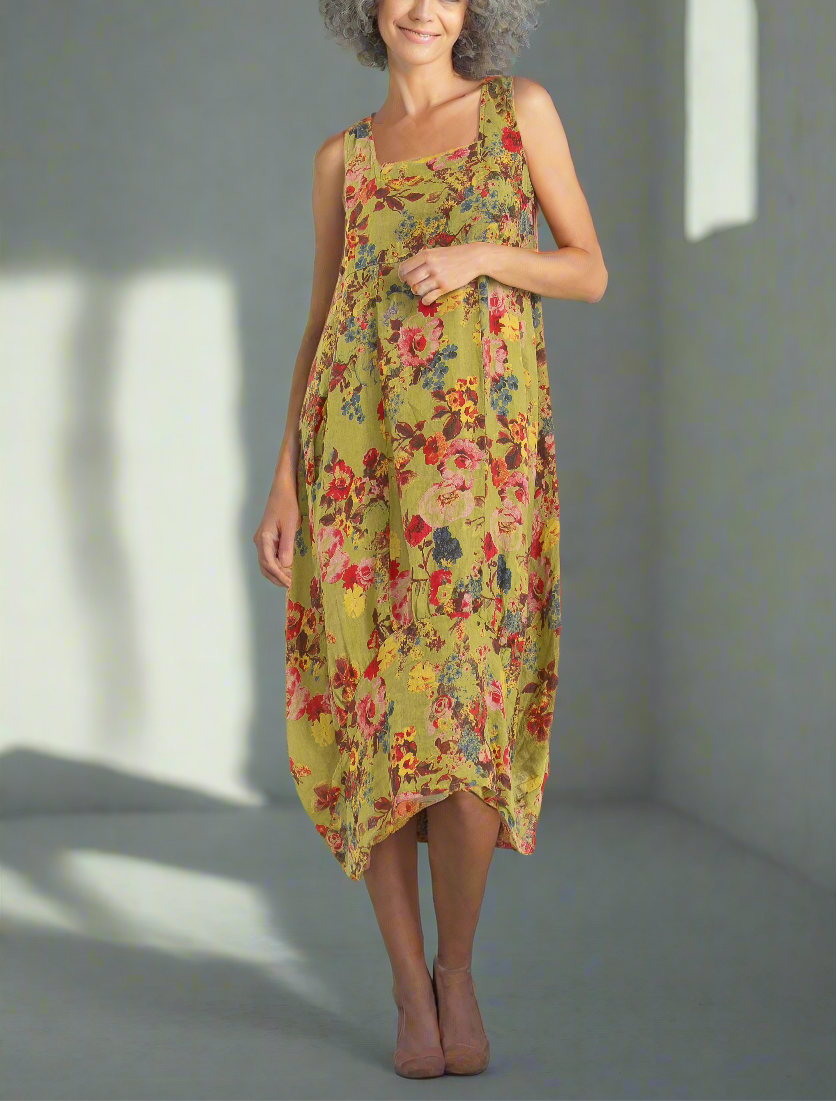 Kiwi Bouquet Linen Dress