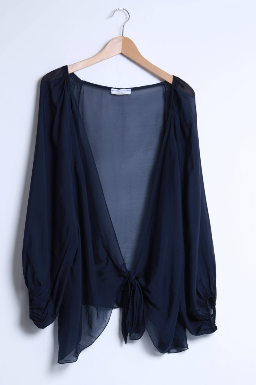 Short flowing silk tie-front jacket 13429 - Out of the Blue