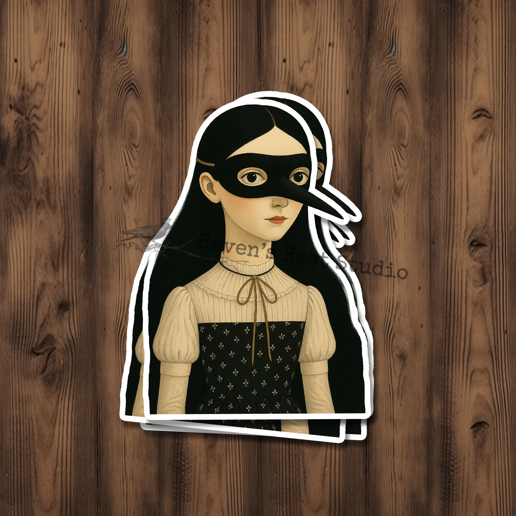 STICKER. Girl Wearing a Crow Face Mask.