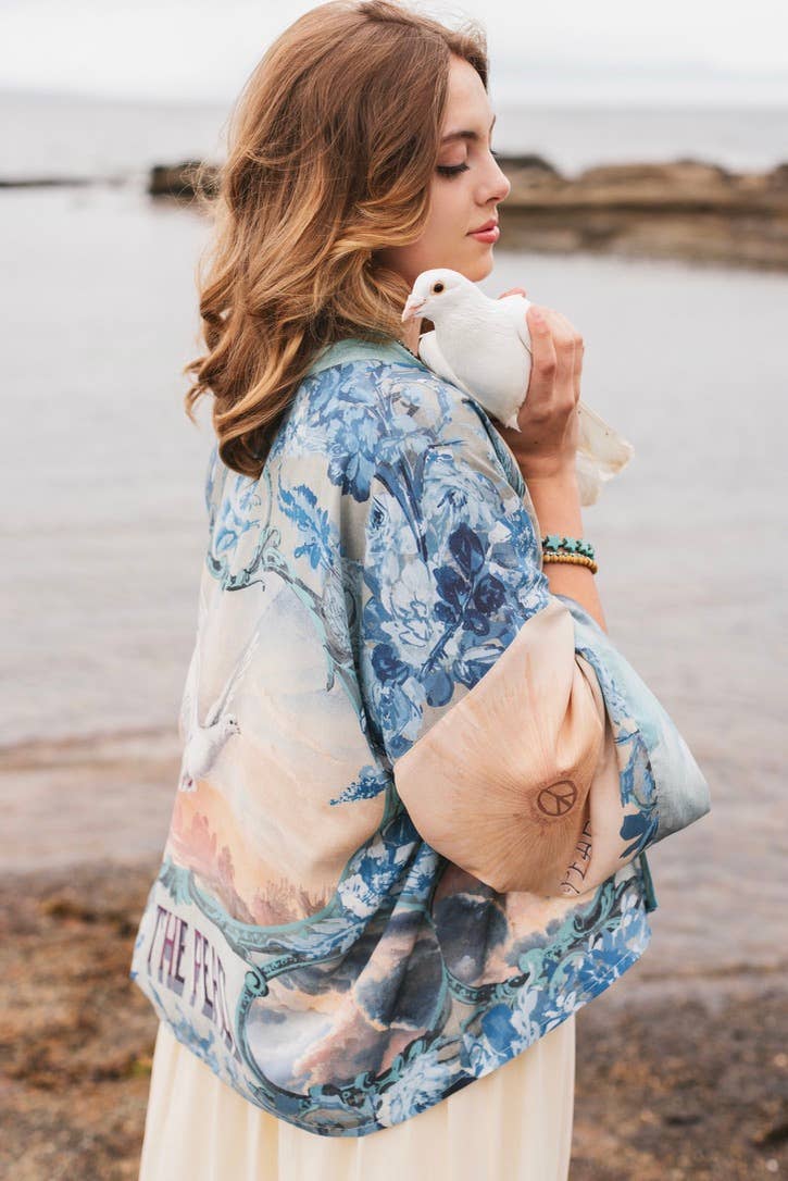 Peace Out Cropped Kimono Pixie Duster with Doves and Sunrise - Out of the Blue