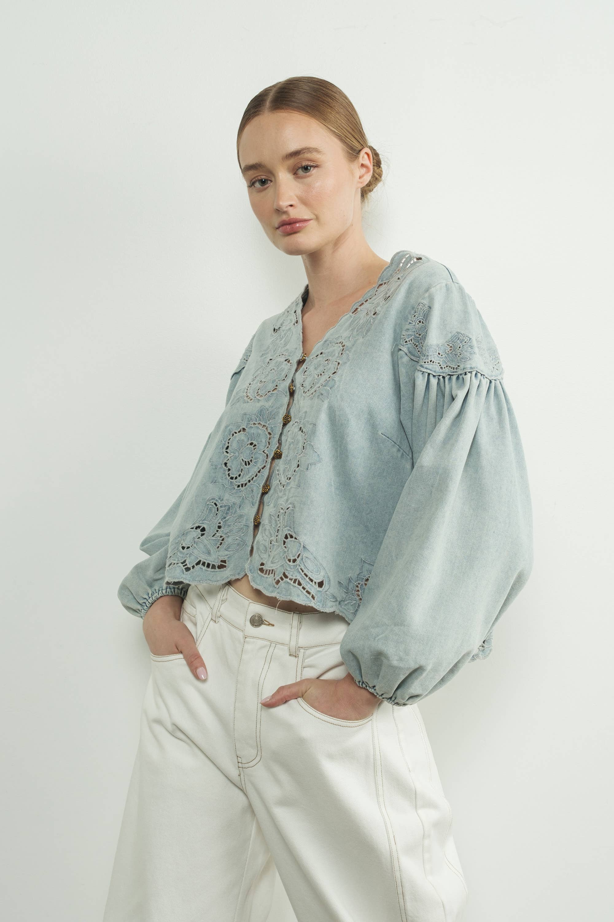 DENIM EMBROIDERY BLOUSE - Out of the Blue