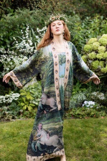 The Mythmaker Matinée Duster Kimono w/ landscape & unicorn - Out of the Blue