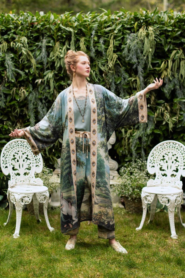 The Mythmaker Opera Duster Kimono Robe w Landscape & Unicorn - Out of the Blue