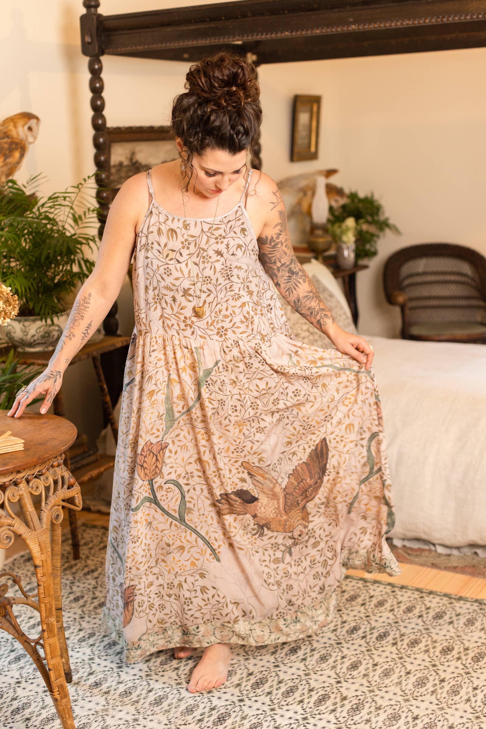 Folklore Floral Bamboo  Slip Dress with Bird of Peace
