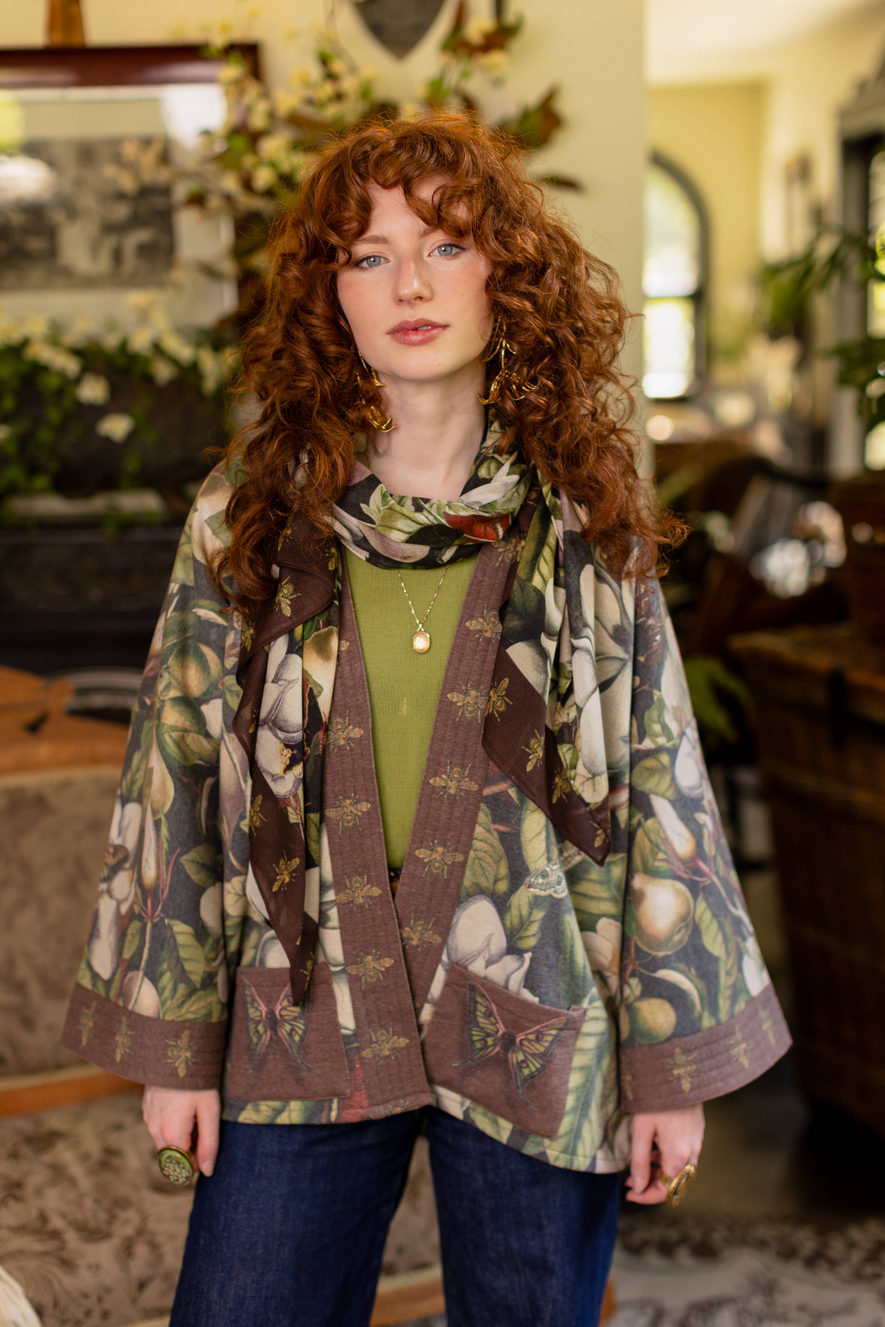 Fleur De Lune Scarf with Floral Print & Bees - Out of the Blue